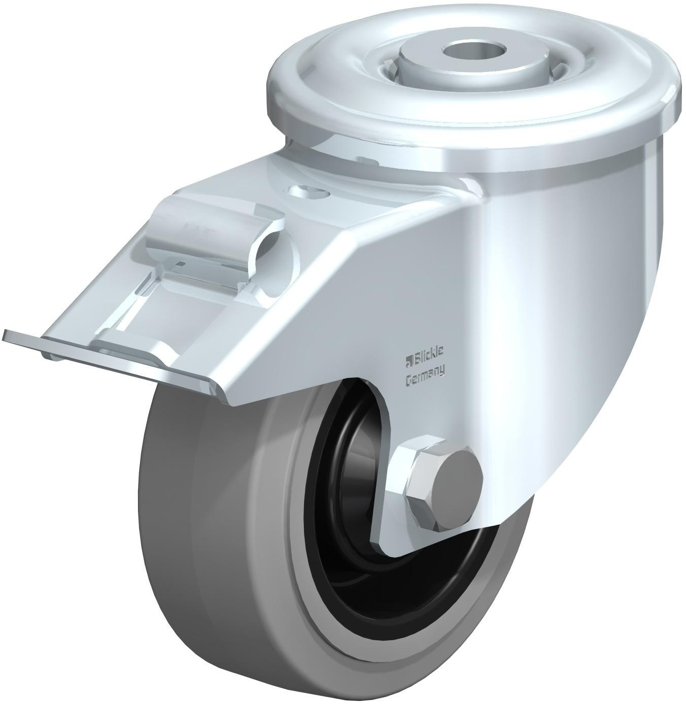 Roulette pivotante en tôle d’acier, version lourde, avec trou central et blocage “stop-fix”