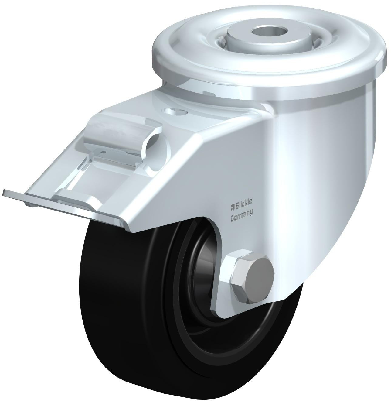 Roulette pivotante en tôle d’acier, version lourde, avec trou central et blocage “stop-fix”