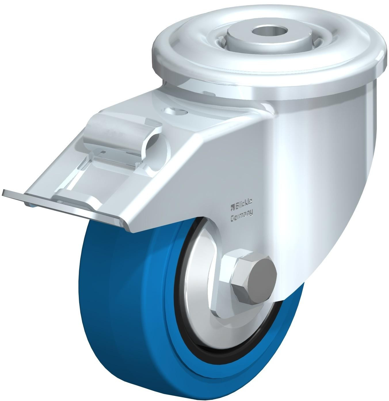 Roulette pivotante en tôle d’acier, version lourde, avec trou central et blocage “stop-fix”