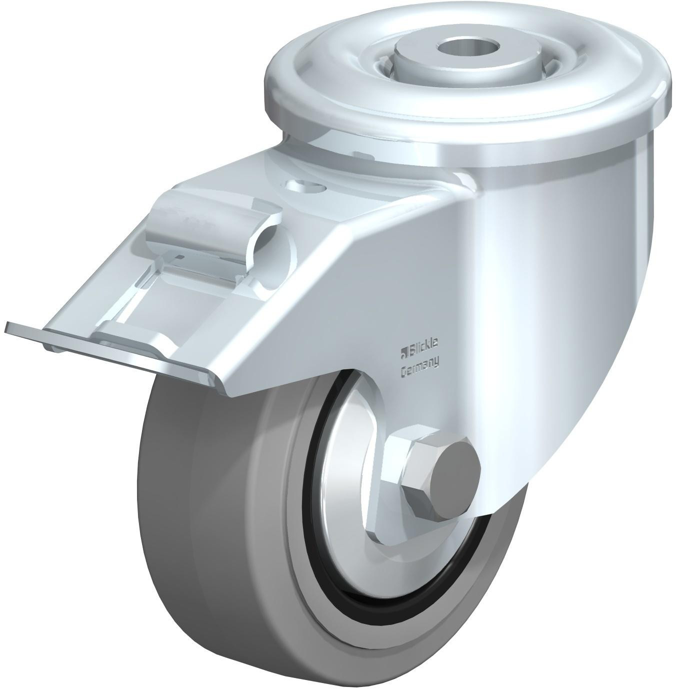 Roulette pivotante en tôle d’acier, version lourde, avec trou central et blocage “stop-fix”