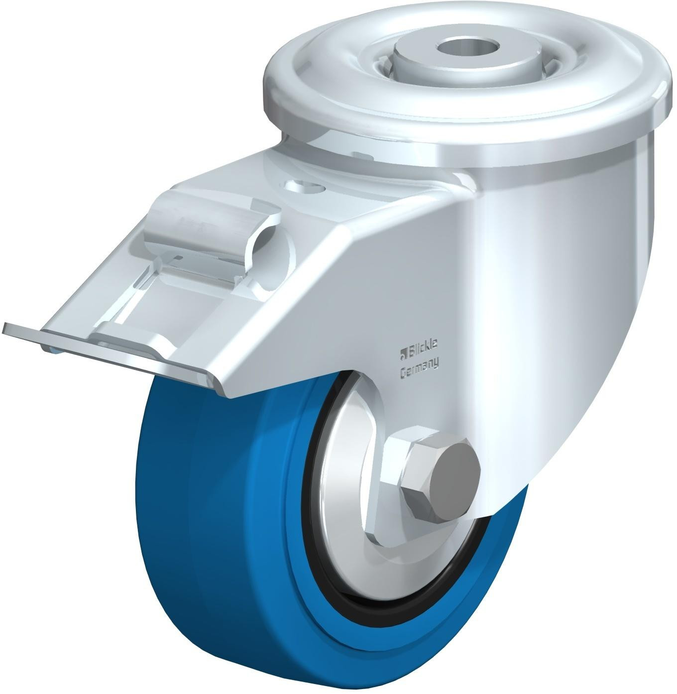 Roulette pivotante en tôle d’acier, version lourde, avec trou central et blocage “stop-fix”