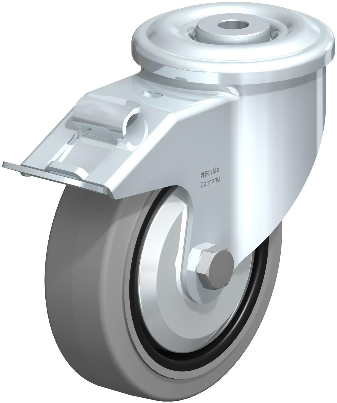 Roulette pivotante en tôle d’acier, version lourde, avec trou central et blocage “stop-fix”