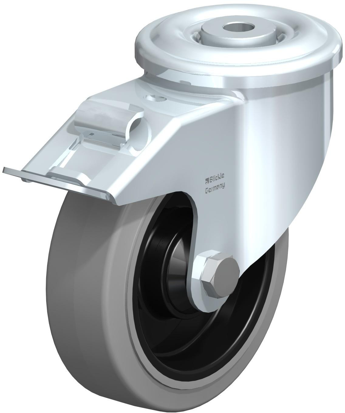 Roulette pivotante en tôle d’acier, version lourde, avec trou central et blocage “stop-fix”