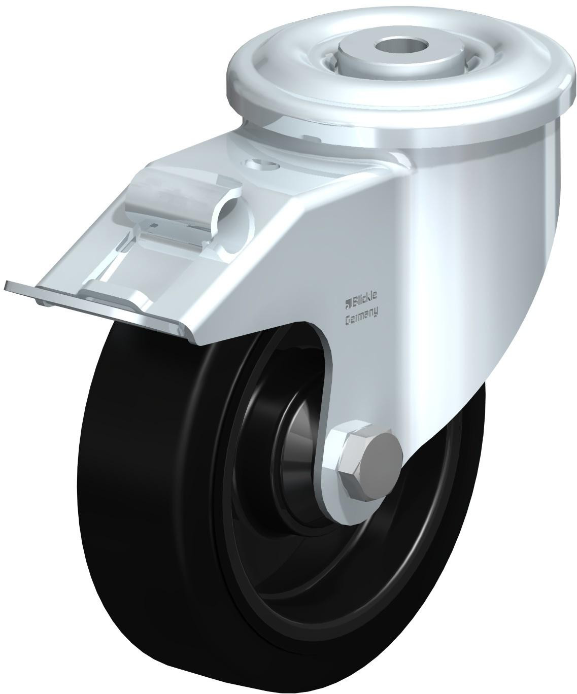 Roulette pivotante en tôle d’acier, version lourde, avec trou central et blocage “stop-fix”