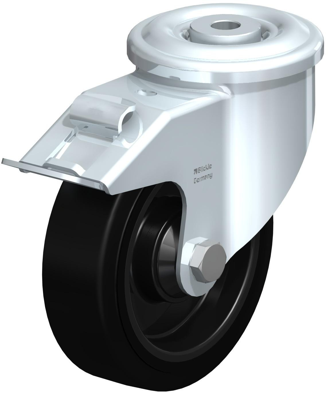 Roulette pivotante en tôle d’acier, version lourde, avec trou central et blocage “stop-fix”