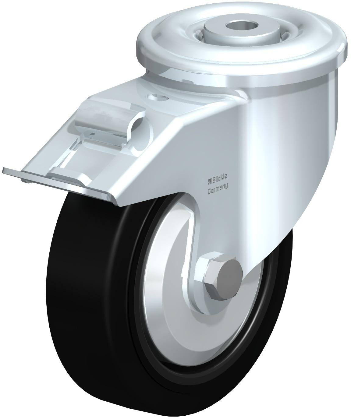 Roulette pivotante en tôle d’acier, version lourde, avec trou central et blocage “stop-fix”