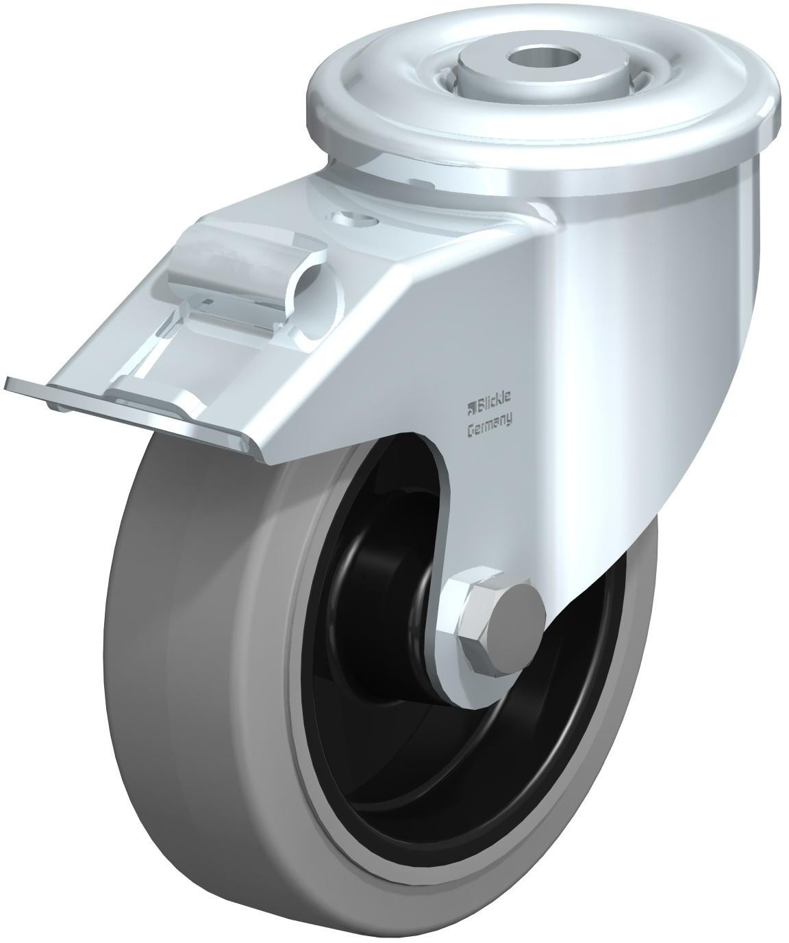 Roulette pivotante en tôle d’acier, version lourde, avec trou central et blocage “stop-fix”