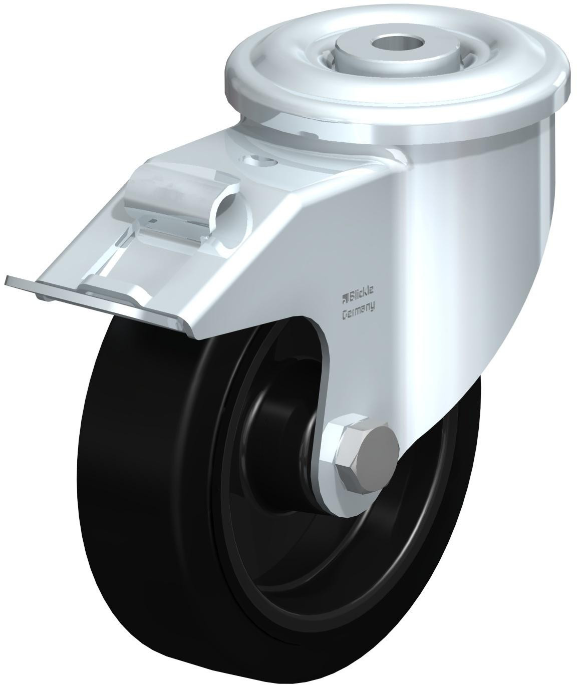 Roulette pivotante en tôle d’acier, version lourde, avec trou central et blocage “stop-fix”