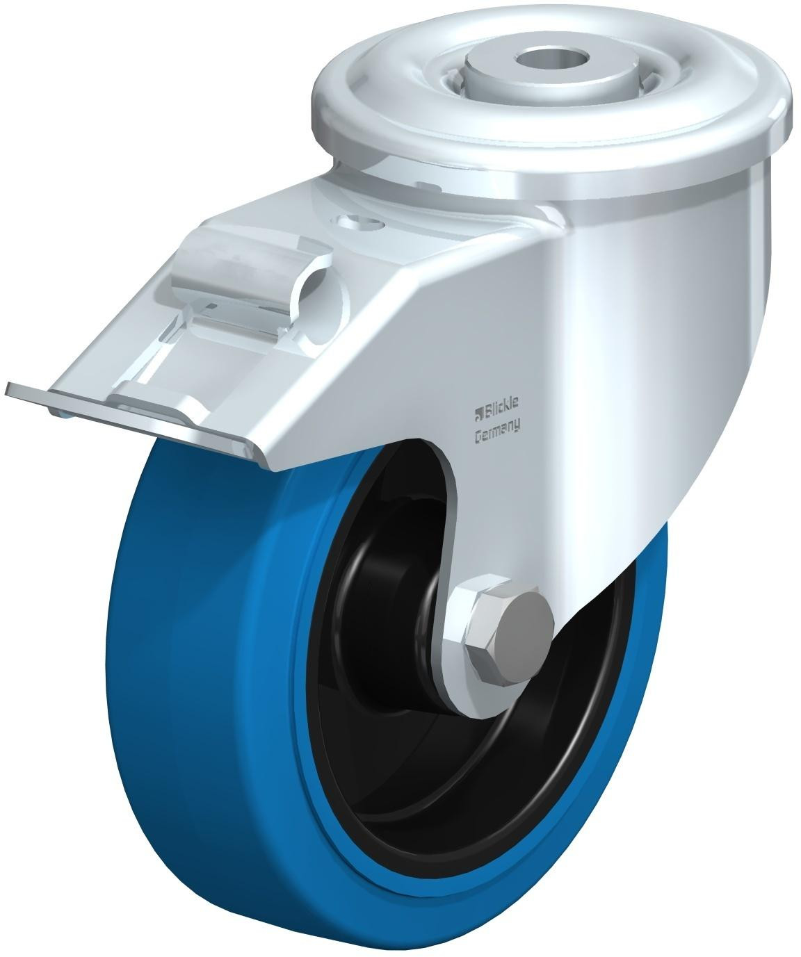 Roulette pivotante en tôle d’acier, version lourde, avec trou central et blocage “stop-fix”