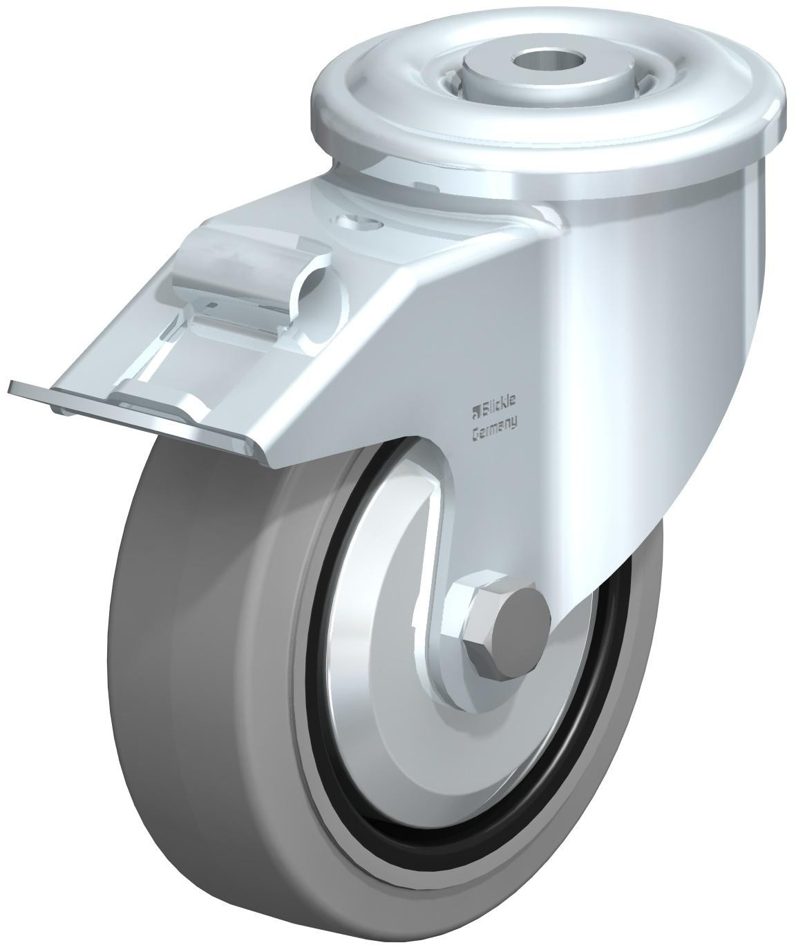 Roulette pivotante en tôle d’acier, version lourde, avec trou central et blocage “stop-fix”