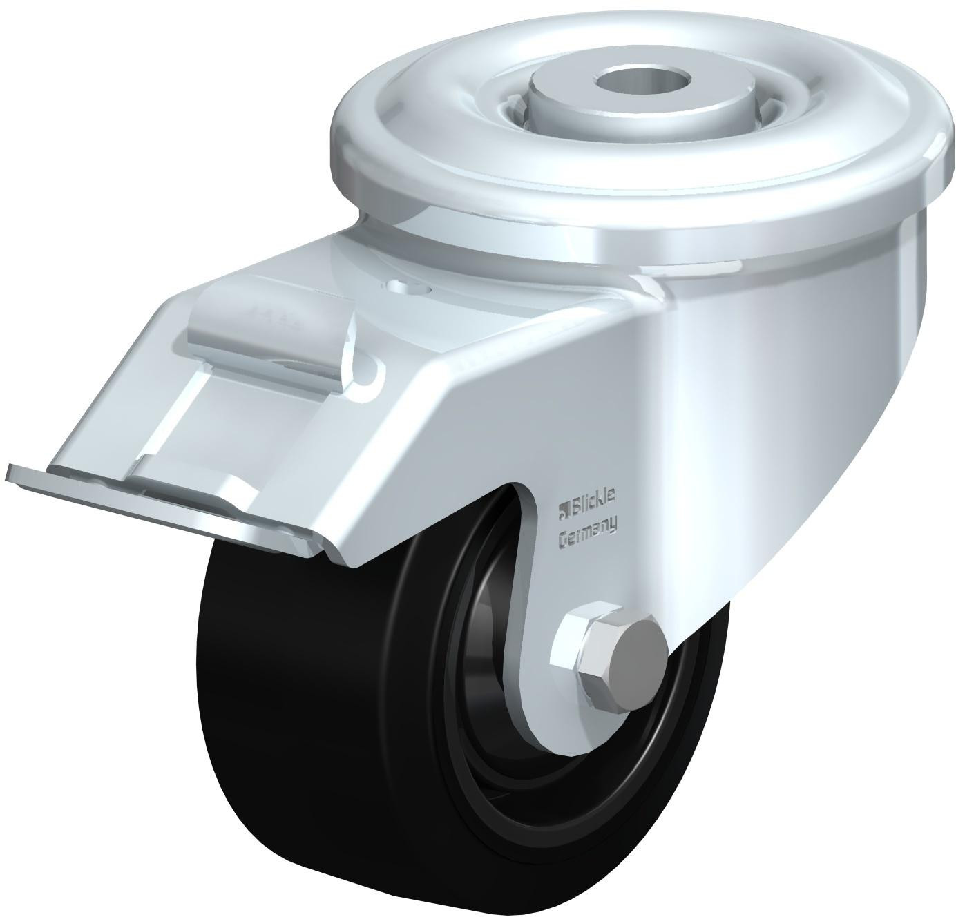 Roulette pivotante en tôle d’acier, version lourde, avec trou central et blocage “stop-fix”