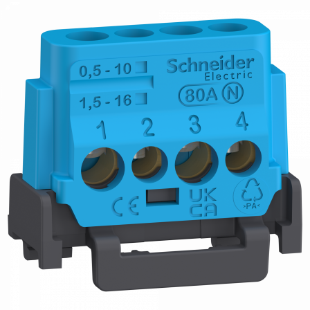 Linergy - bornier 80A à vis 4 trous 2x16²+2x10² et couvercles pour Terre/Neutre