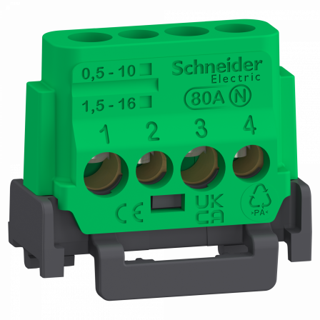 Linergy - bornier 80A à vis 4 trous 2x16²+2x10² et couvercles pour Terre/Neutre