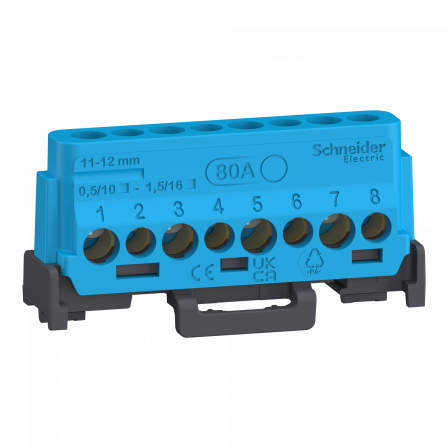 Linergy - bornier 80A à vis 8 trous 4x16²+4x10² et couvercles pour Terre/Neutre