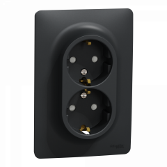 Unica - prise double 2P+T pour boîte 1P - DE - vis - Anthracite - méca + plaque