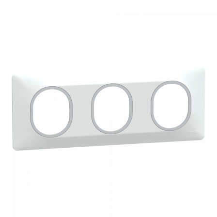 Ovalis - Plaque de finition - 3 postes Horiz - 71mm - Blanc bague Argent Chromé