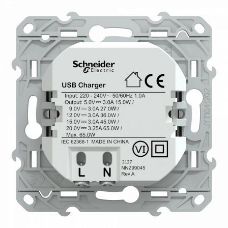 Odace - chargeur USB C 65W - forte puissance pour charge app. mobiles - alu