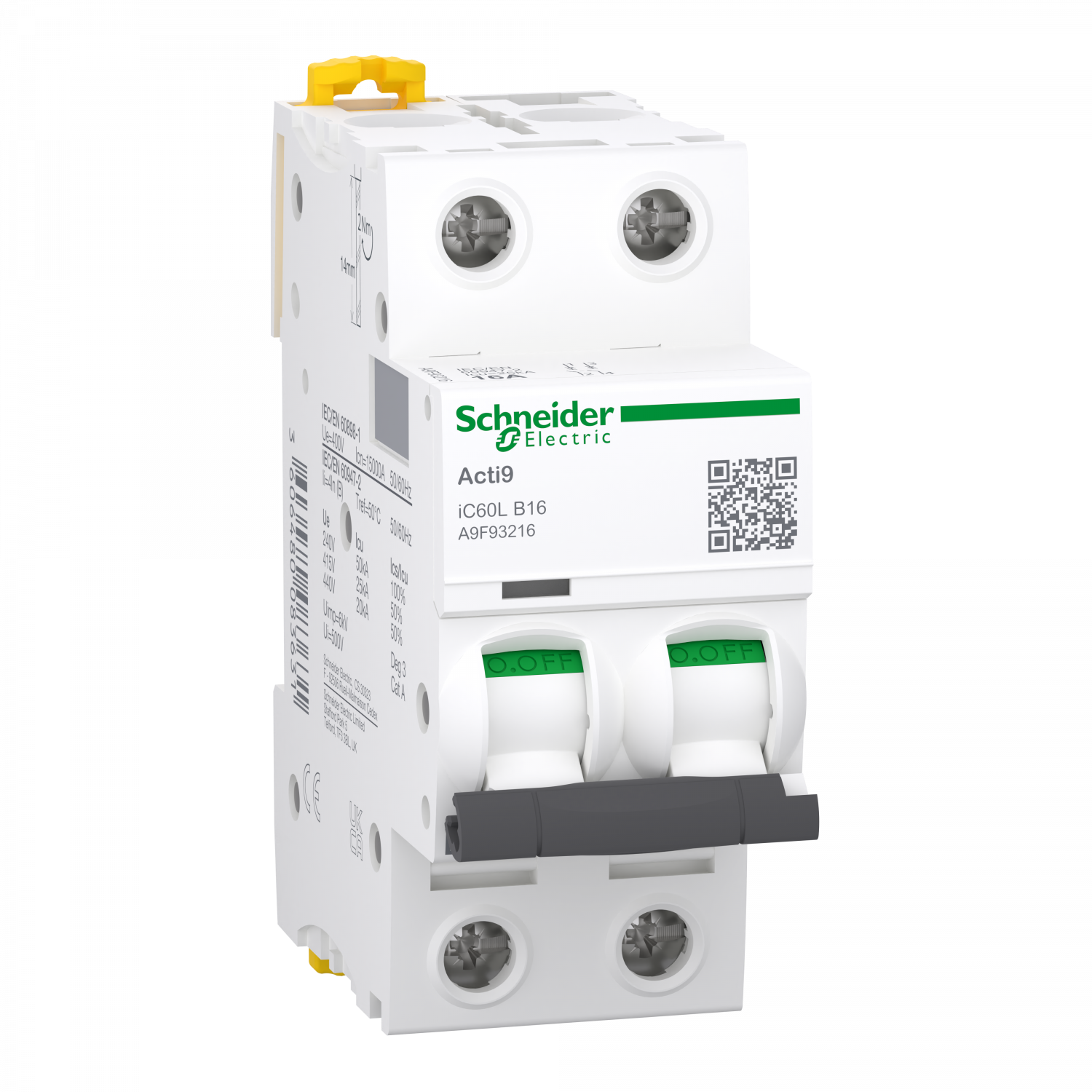 Acti9 iC60L - Disjoncteur - 2P - 16A - Courbe B - 400Vac - 15000A/25kA
