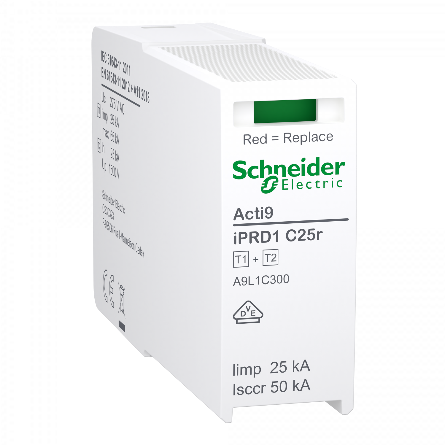 Acti9 IPRD1 C25r  - Cartouche Parafoudre Type 1+2 1 - 18mm -Phase/PEN pr 3PN