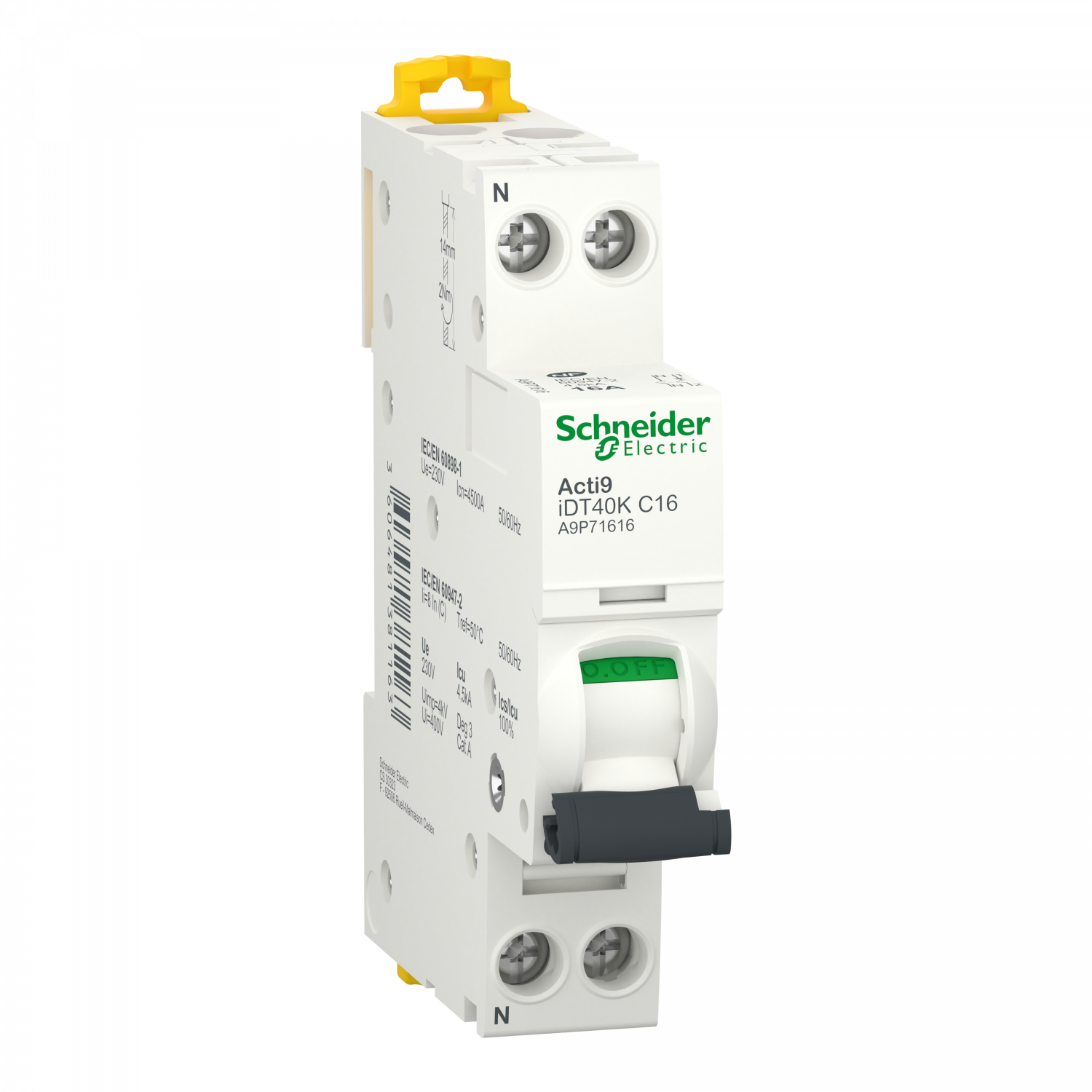 Acti9 iDT40K - Disjoncteur modulaire - 1P+N - 16A - Courbe C - 4500A/4,5kA