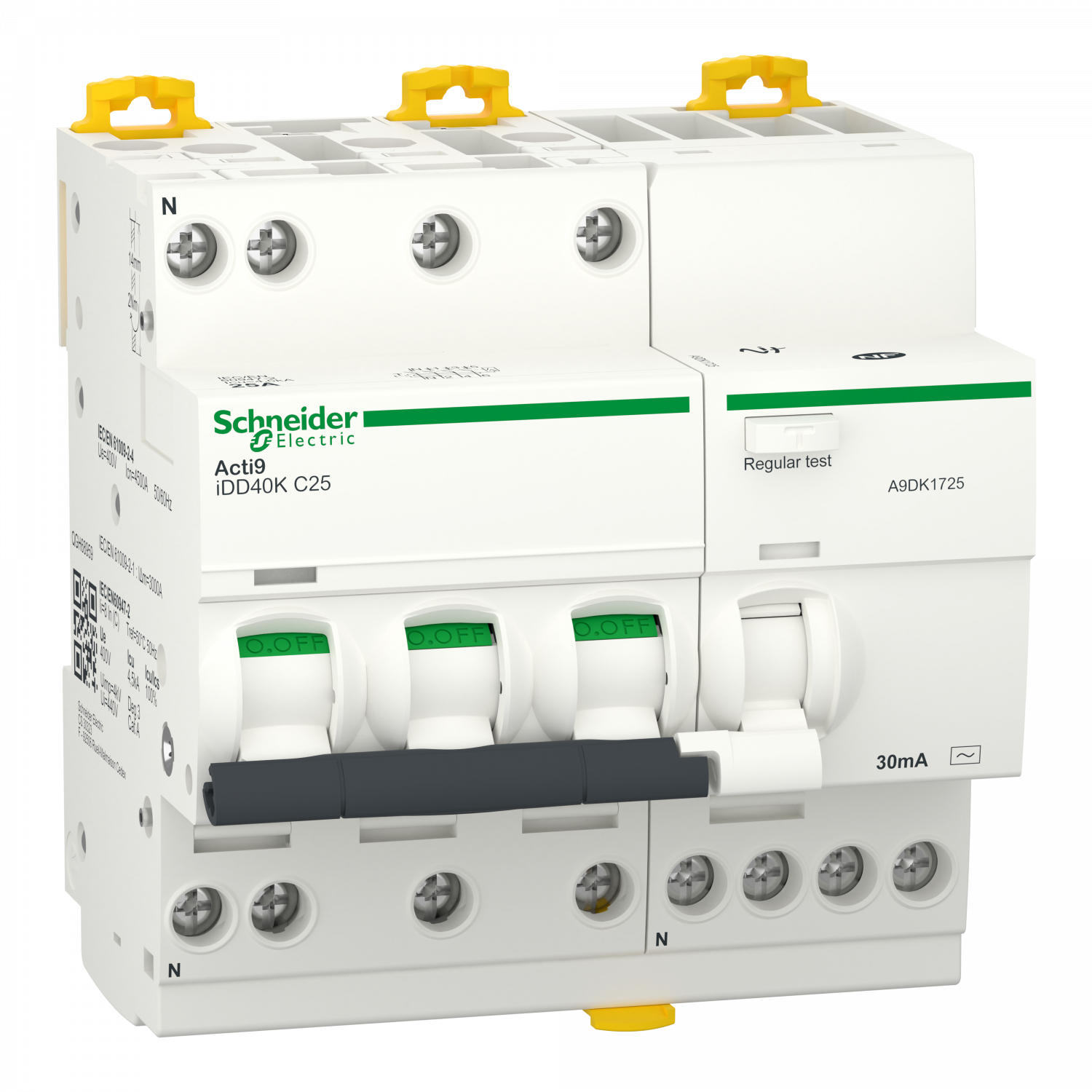 Acti9 iDD40K - Disjoncteur dif - 3P+N - 25A - Crb C 4500A/4,5kA - 30mA Type AC