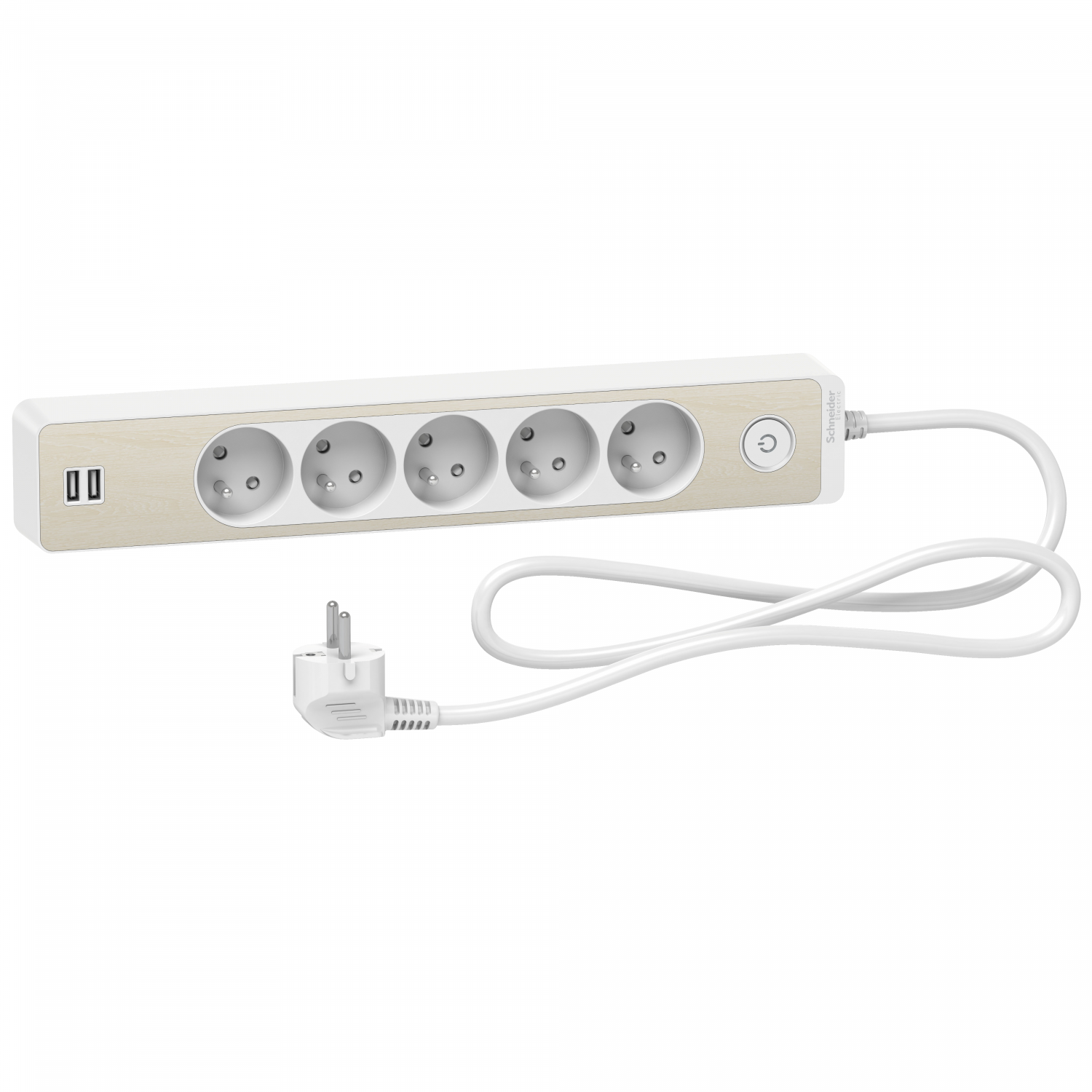 Odace - Rallonge multiprises 5 prises 2P+T - blanche/bois - 2USB - 1,5m